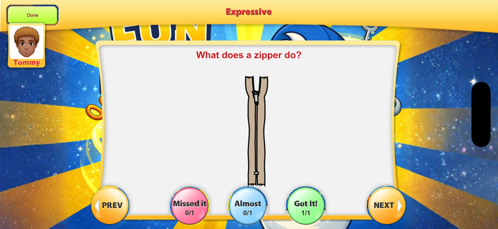 Fun & Functional - Captura de tela do aplicativo Divertido e Funcional mostrando uma tarefa de linguagem expressiva perguntando o que um zíper faz.