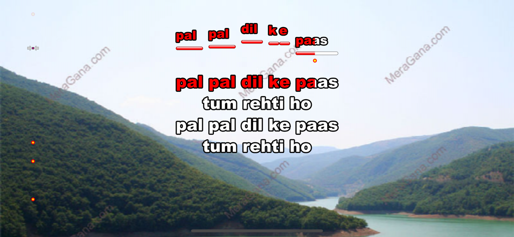 MeraGana Karaoke - MeraGana Karaoke interface showing Hindi lyrics over a mountain landscape