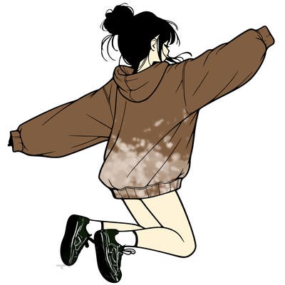 realistic girl jumping with a bun and oversized sweatshirt