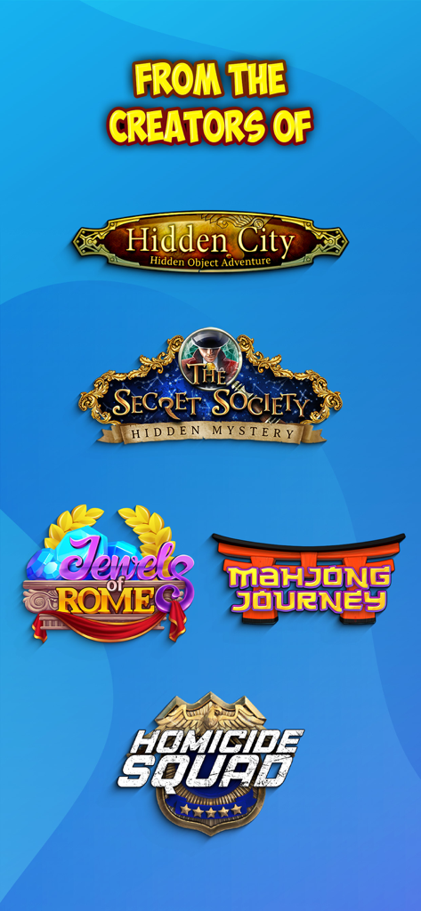 Supermarket Mania Journey - A collection of game logos from the creators of G5 Entertainment including Hidden City and Mahjong Journey