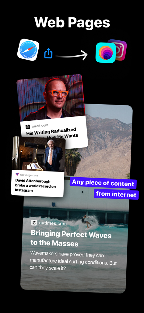 Interface showing the to Stories app feature to share web content from Safari to Instagram Stories with news article previews