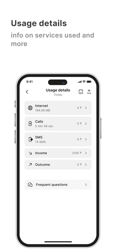 Kcell - Usage details screen of the Kcell app showing internet calls and SMS usage