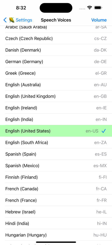 Find the words - A list of language and region options for speech voices in the word search app with English United States selected