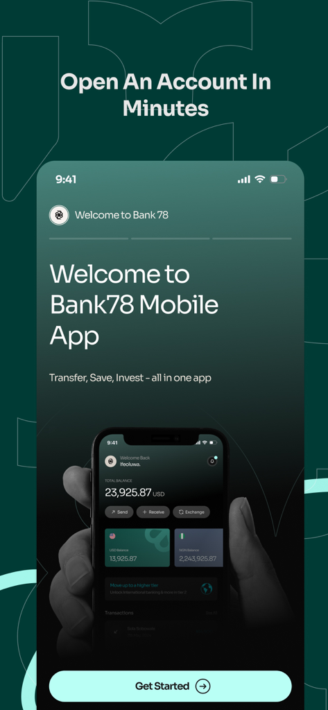 Bank78 onboarding screen showing a mobile dashboard and a button to open an account in minutes