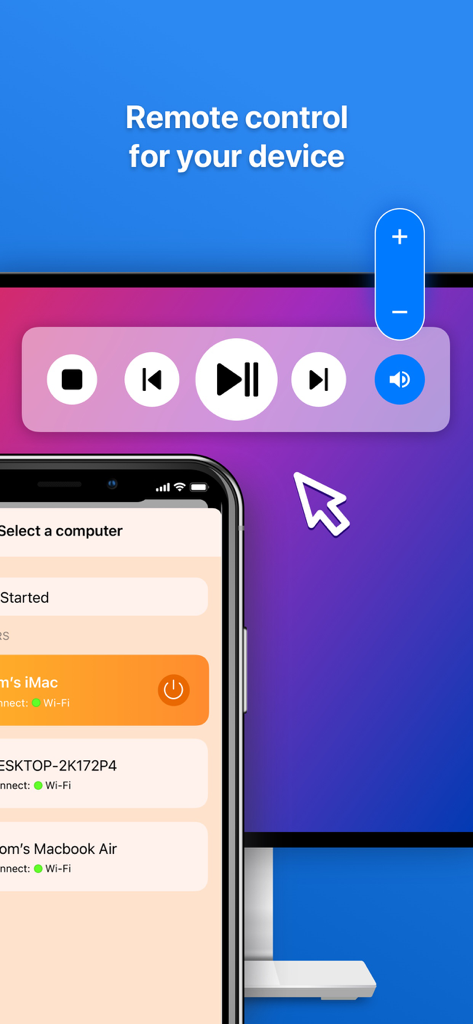 Computer Mouse: Remote Control - Schermata di un iPhone che mostra un elenco di computer da connettere per il controllo remoto accanto a icone di riproduzione multimediale su un monitor