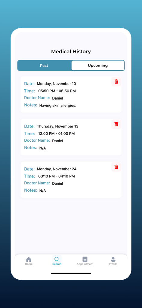 A mobile screen showing a list of past medical history records including appointment dates and doctor names