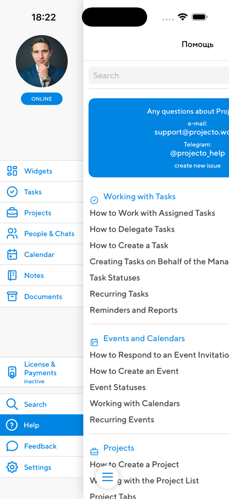 Interfaccia dell'app Projecto che mostra la sezione di aiuto e il menu di navigazione principale con categorie di gestione progetti