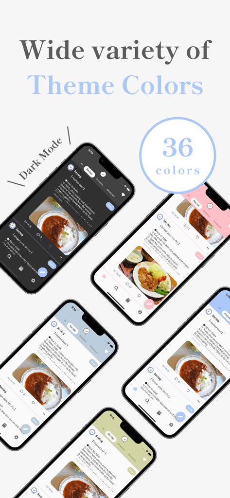Seclog - Private Feed Journal - Multiple smartphone screens showing various theme color options and dark mode in the Seclog app