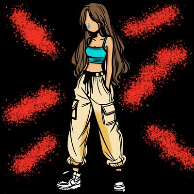 girl in baggy pants crop top and long hair