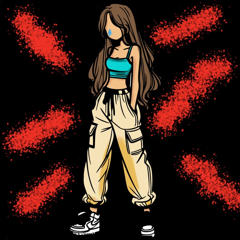 girl in baggy pants crop top and long hair