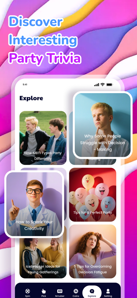 Wheel Spinner: Finger Chooser - Explore screen of the Wheel Spinner app featuring articles on party trivia and decision making tips