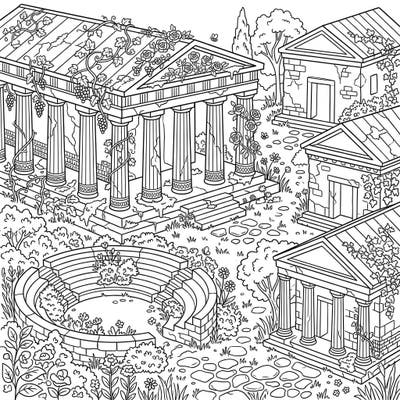 Step into a serene world where ancient Greek architecture meets the rustic beauty of cottagecore. This unique coloring page invites you to bring life to majestic ruins embraced by lush, natural elements.