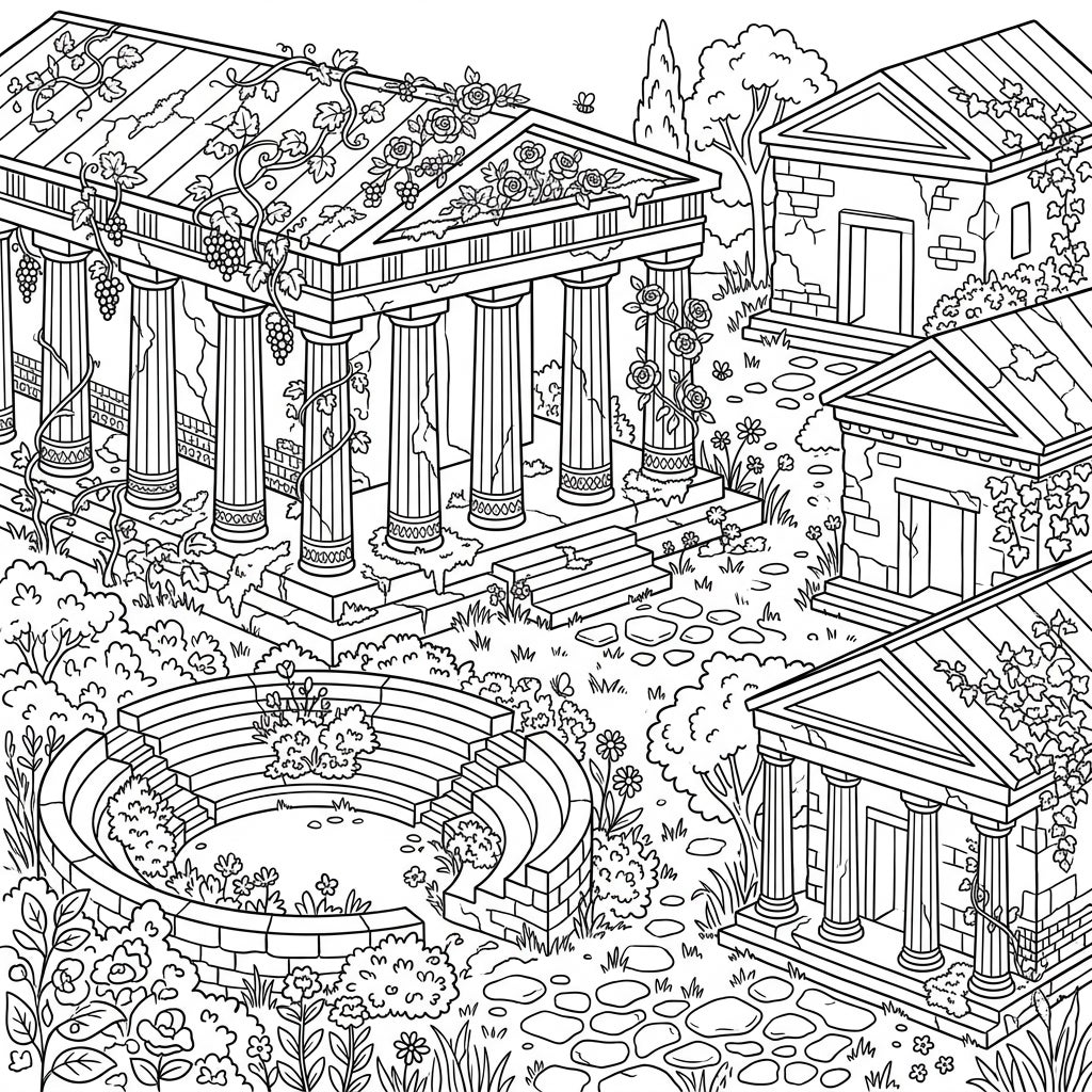 Cottagecore Greek Ruins Coloring Page Free Printable — Color Pop