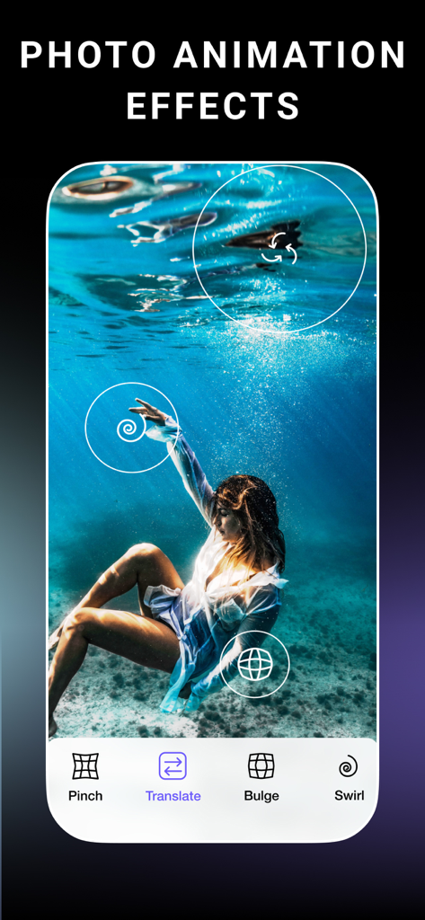 AI Picture to video : StoryZ - StoryZ app interface showing photo animation effects like swirl and pinch on an underwater photo