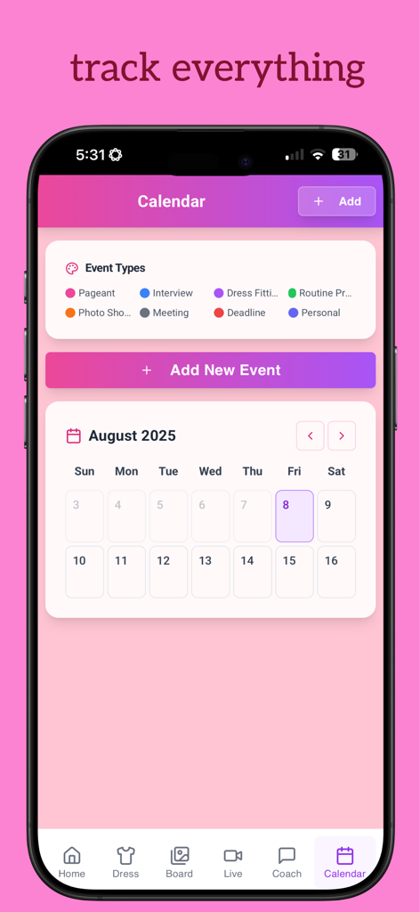 Runway AI - Tela do calendário do aplicativo Runway AI para rastrear eventos de concursos de beleza, como entrevistas e provas de vestidos