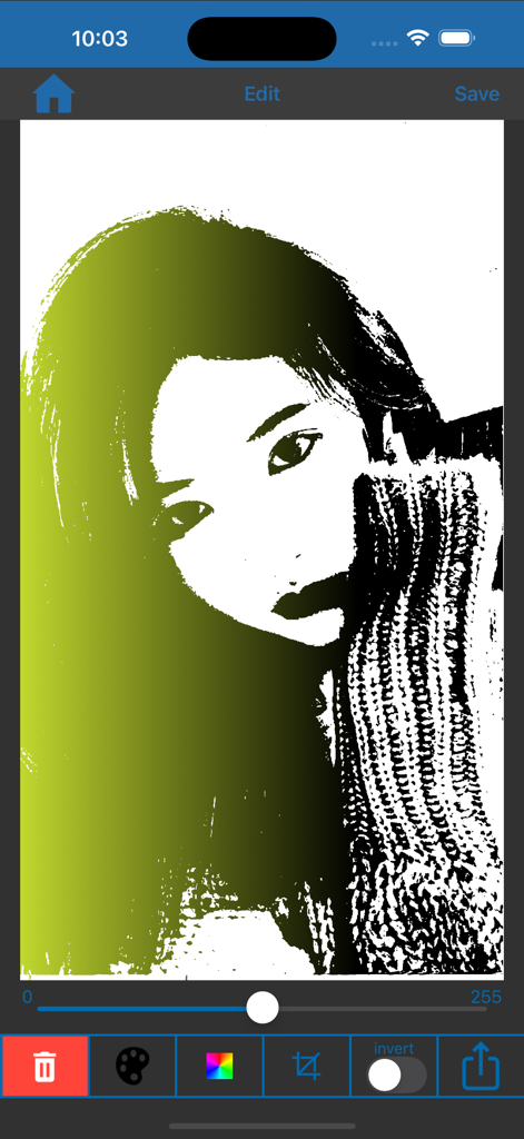 A portrait transformed into a green gradient stencil within the Fx Stencil Pro editing interface.