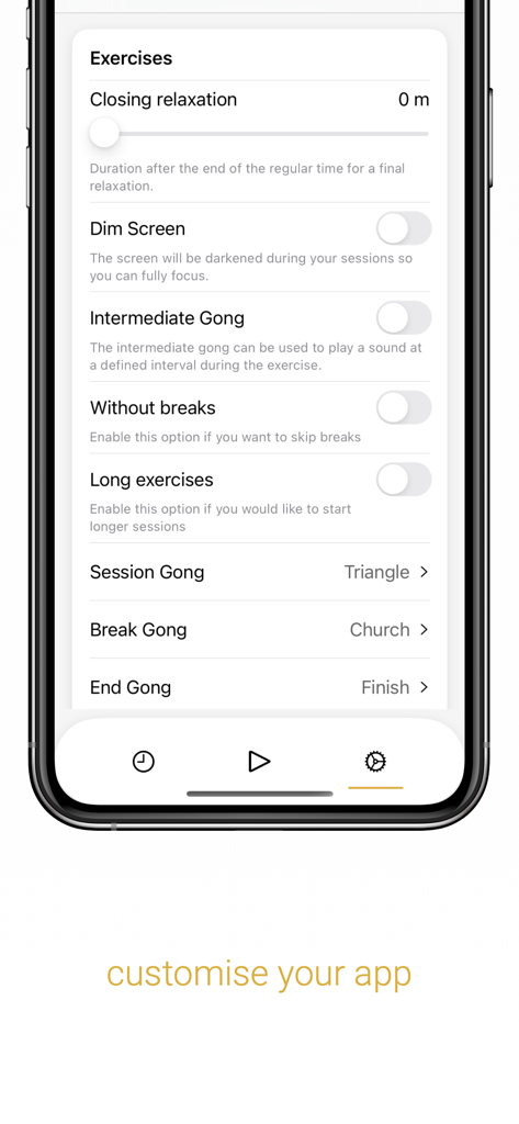 iGong - Yoga & Meditation - Interface of the iGong app showing settings to customize meditation sessions including gong sounds and relaxation periods.