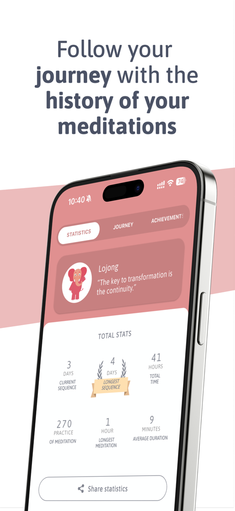 Interface do app Lojong mostrando estatísticas de meditação, incluindo tempo total e frequência de prática.