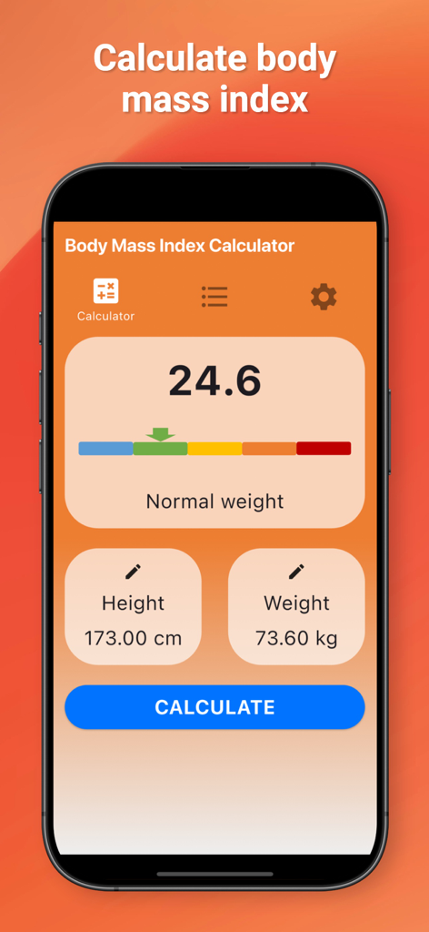 Body Mass Index Calculator App - Interface of the BMI calculator app showing a normal weight result of 24.6 with height and weight input fields.