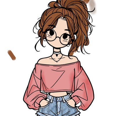 girl with a messy ponytail glasses a baggy crop top and jean shorts
