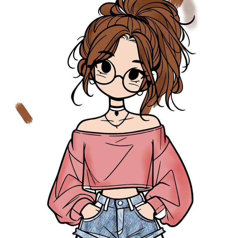 girl with a messy ponytail glasses a baggy crop top and jean shorts