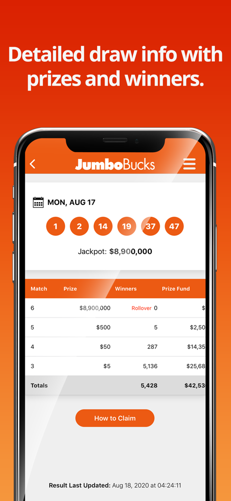 Pantalla de iPhone que muestra los números ganadores de Jumbo Bucks de la Lotería de Georgia y el desglose detallado de premios