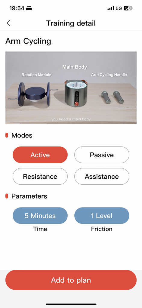 UniGym app screen showing training details for arm cycling with adjustable modes and parameters