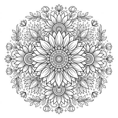 Welcome the vibrant energy of spring with this stunning sunflower mandala coloring page. Its intricate design, featuring multiple large sunflowers and delicate floral accents, offers a truly engaging and meditative coloring experience.