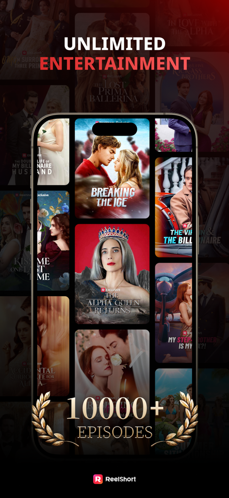 ReelShort - Stream Drama & TV - La interfaz de la aplicación móvil ReelShort muestra una biblioteca de series de drama cortas verticales con más de 10,000 episodios