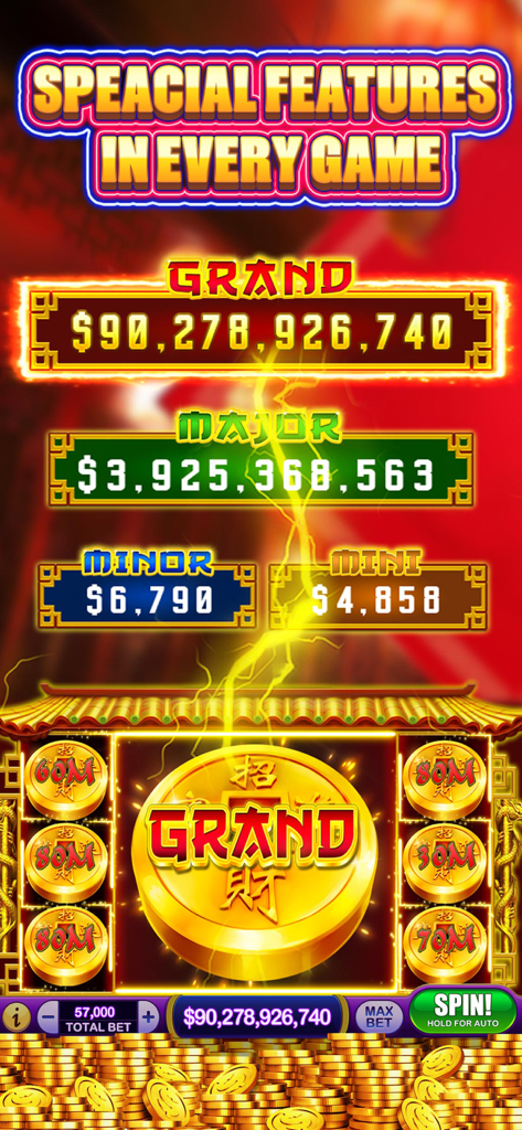 Schermata del gioco mobile Cashmania Slots con una massiccia vincita di Grand Jackpot con monete d'oro ed effetti di fulmine.