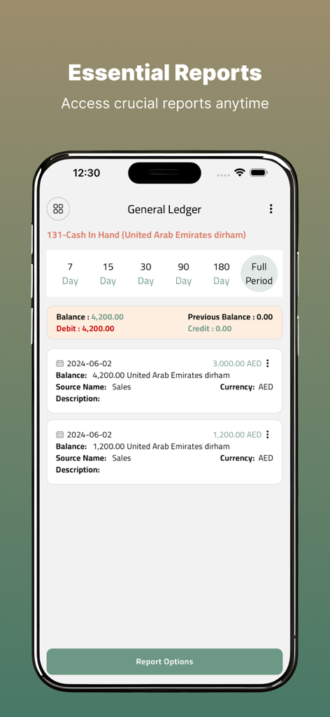 Xtra Go - Relatório de Razão Geral no aplicativo Xtra Go mostrando transações em dinheiro e saldos de contas.