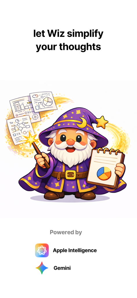 Wiz Note AI: Smart Notes - Un personaje amigable de mascota mago para la aplicación Wiz Note AI impulsada por Apple Intelligence y Gemini