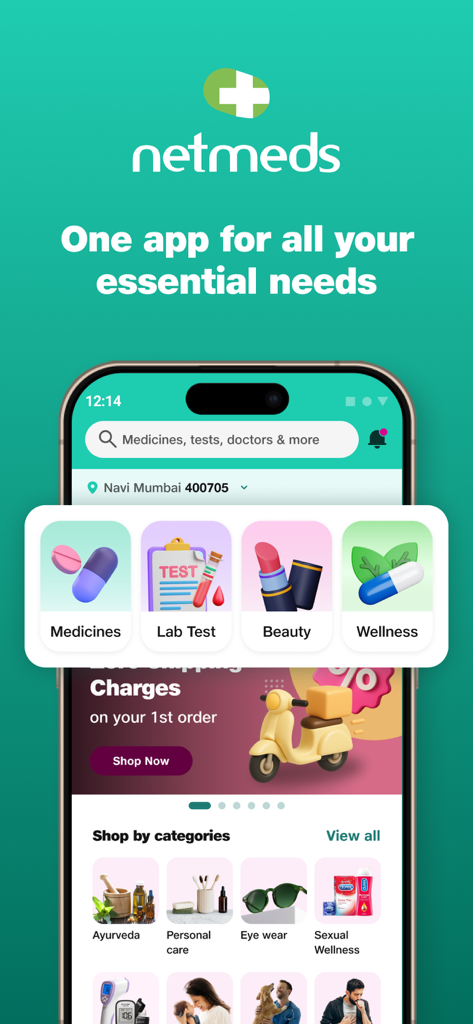 Netmeds app interface displaying categories for medicines, lab tests, beauty, and wellness products.
