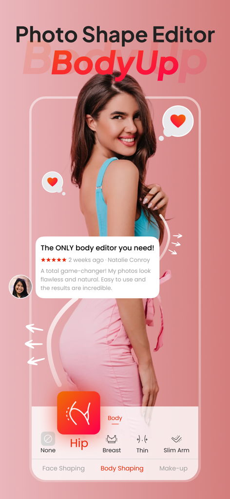 BodyUp: Body Shape Editor - A promotional screenshot of the BodyUp app showing the body shaping interface with hip editing tools and a customer review.