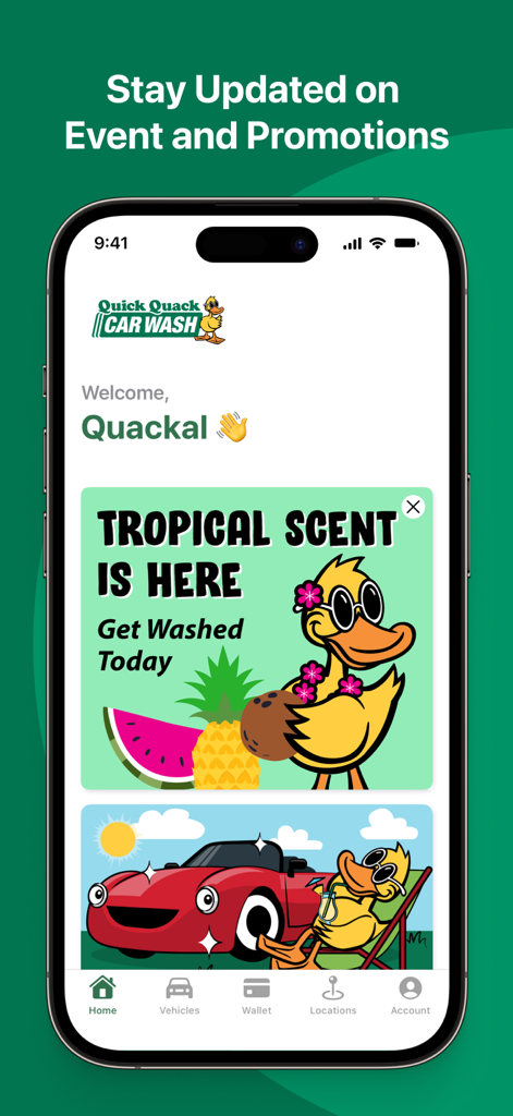 The home screen of the myQQ app showing seasonal car wash promotions and membership updates.