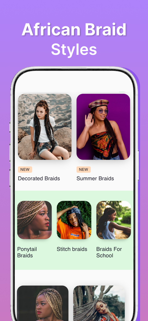 Braid & Style: African Hair - Interfaz de una aplicación para trenzar cabello africano que muestra diferentes categorías de estilos