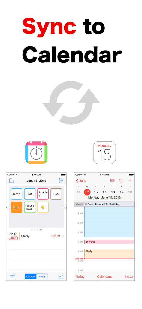 LogCalendar app interface showing time tracking logs syncing directly to the native iOS Calendar
