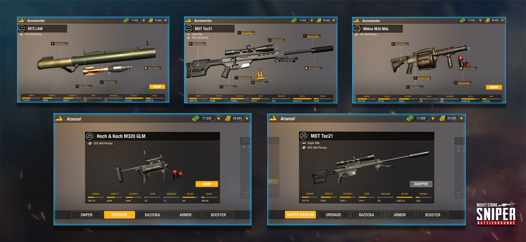 Weapon arsenal and customization menu in Sniper 3D Bullet Strike PvP showing rifles and equipment upgrades
