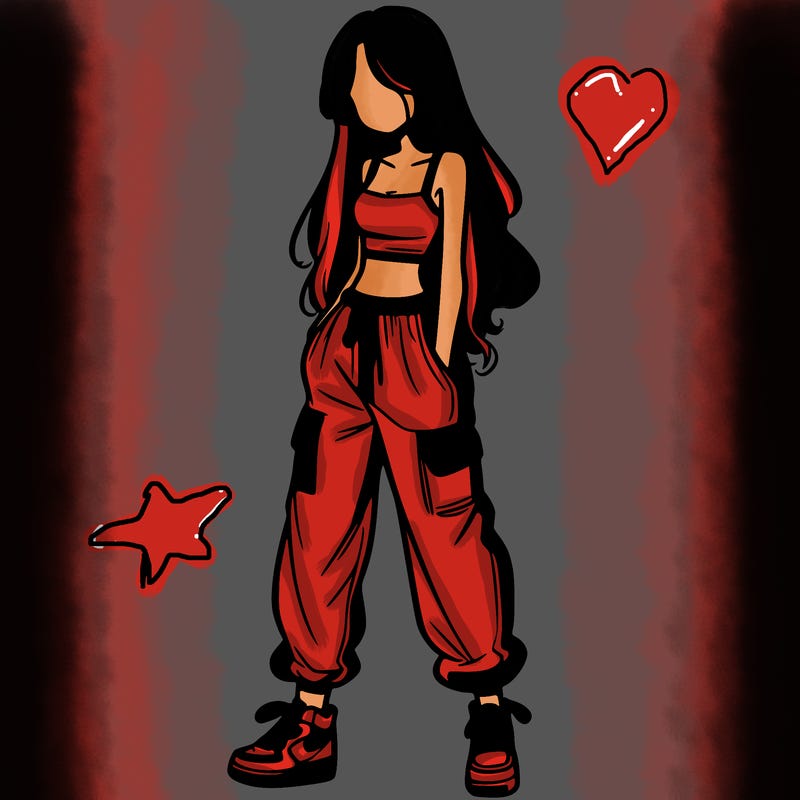 girl in baggy pants crop top and long hair