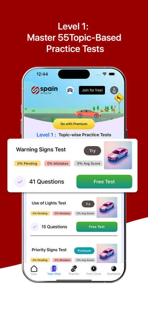 Mobile app interface showing a list of topic-based practice tests for the Spanish driving theory exam.