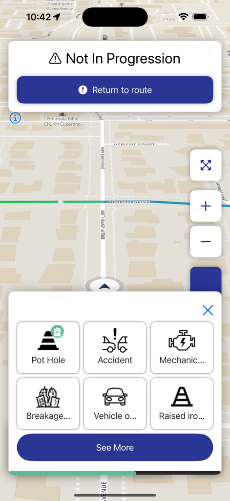 Rasters Navigation - Rasters Navigation app interface showing a map with incident reporting icons and route progression alerts.