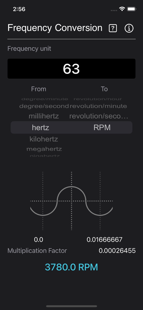 Interfaz de la aplicación de conversión de frecuencia mostrando 63 hertz convertidos a 3780 RPM con un gráfico de onda sinusoidal