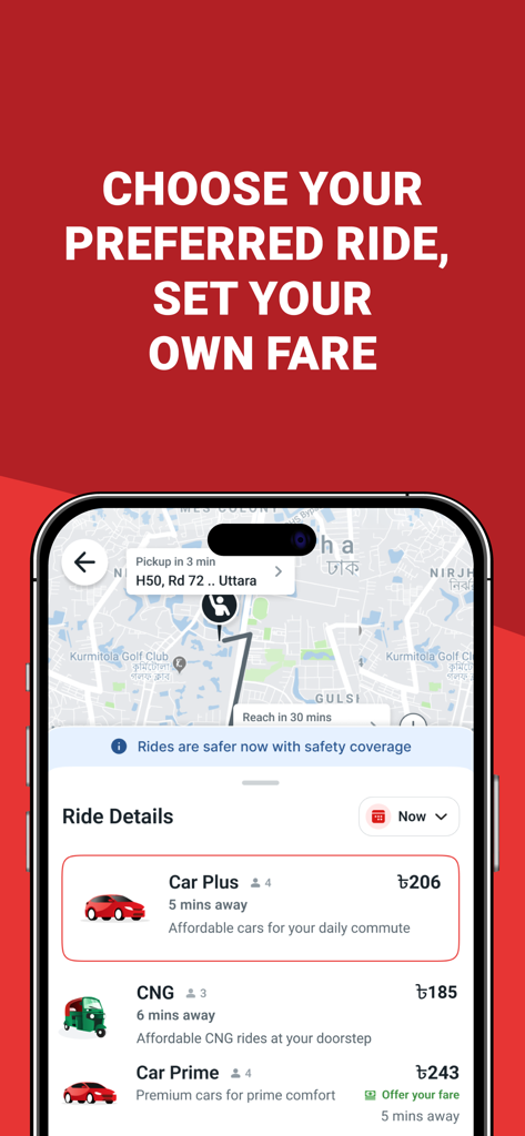 Pathao - Pathao app interface for choosing ride types like Car Plus and CNG with the option to set your own fare