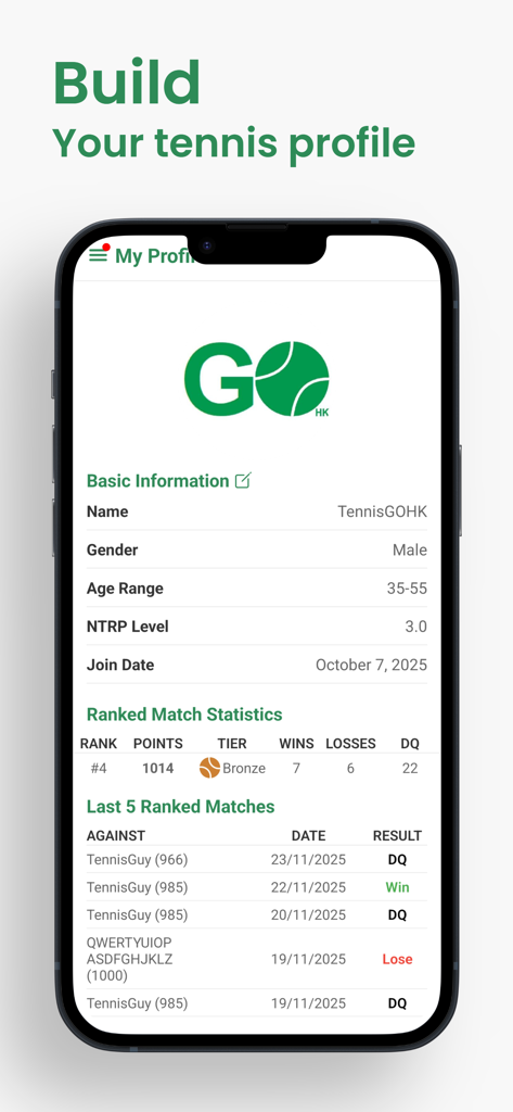 TennisGO HK - Pantalla de perfil de usuario de TennisGO HK que muestra el nivel NTRP y estadísticas de partidos clasificados.