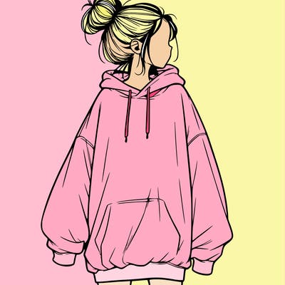 realistic girl with a oversized sweatshirt on and a bun