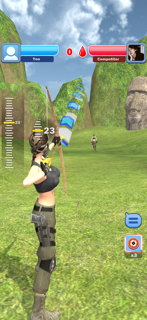 Archery Master: Hero Clash 3d - Personaje apuntando un arco en un duelo de tiro con arco 3D con trayectoria y UI táctica