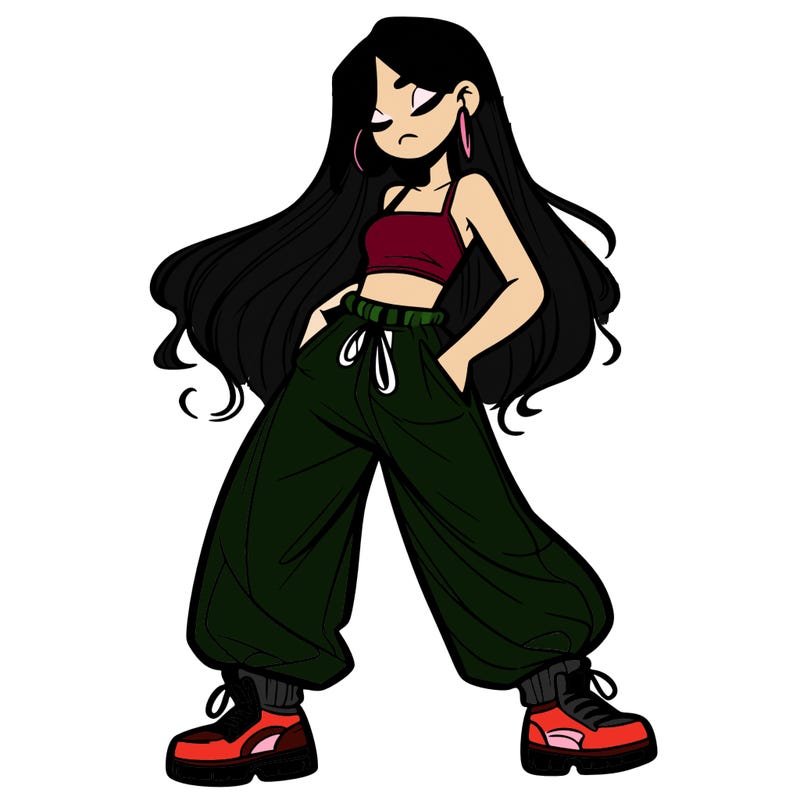 girl in baggy pants crop top and long hair