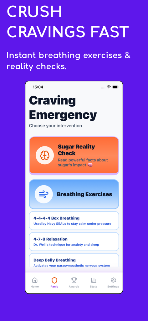 No Sugar Challenge: Detox App - No Sugar Challengeアプリのインターフェース。呼吸法と砂糖の現実確認を備えた渇望緊急画面が表示されています。