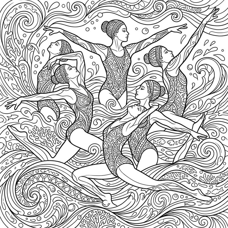 Immerse yourself in the graceful world of artistic swimming with this beautifully detailed coloring page designed for adults. Discover a calming and creative escape as you bring these synchronized athletes to life with color.