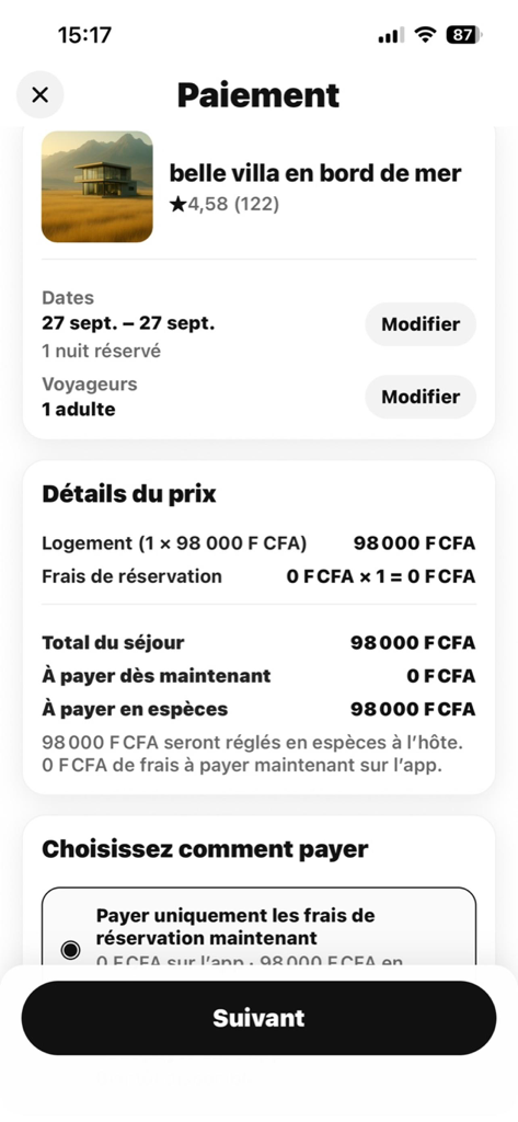 Flexiii - Flexiii app payment screen displaying the price summary and checkout details for a luxury seaside villa booking.